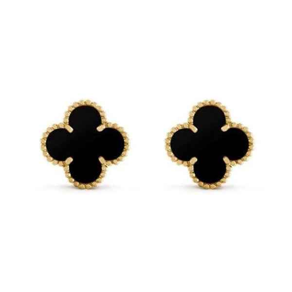 Black Clover Earrings - Gold Quatrefoil Studs Van Cleef Inspired Jewelry
